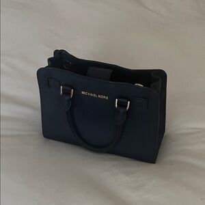 Michael Kors Navy Structured Satchel with Gold Details